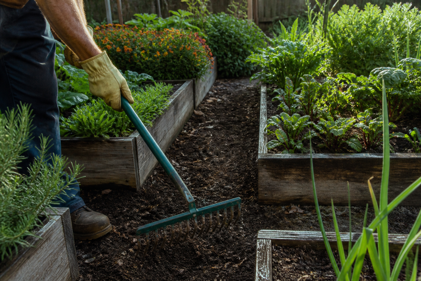 A gardener raking soil between productive raised beds