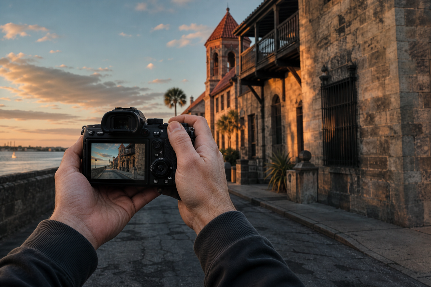 A photographer composing an image in historic Saint Augustine